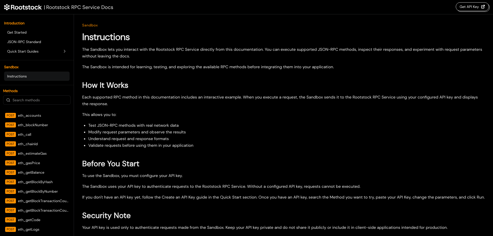 Rootstock RPC API Sandbox instructions